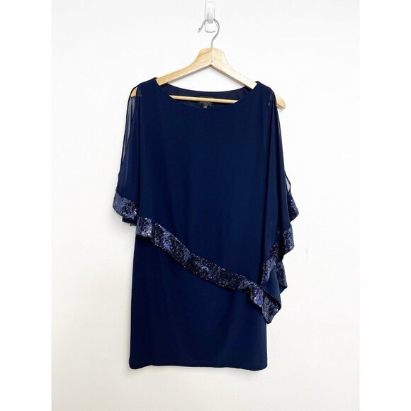 Xscape Capelet Mini Dress Navy Blue Sequin Trim Sheath Sheer Cape Sz 10 - Picture 2 of 12